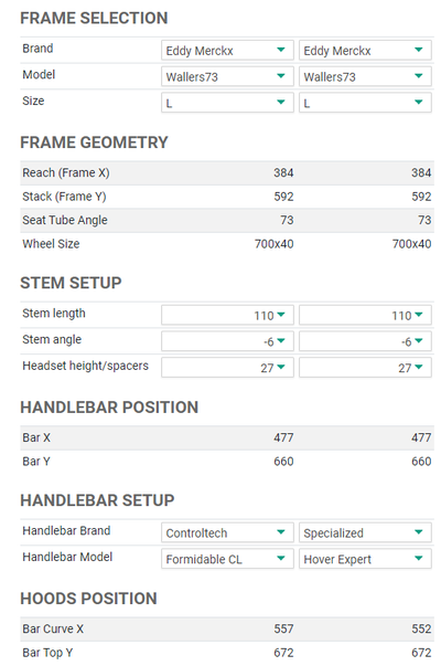 Frame Comparison screenshot showing selection of handlebars