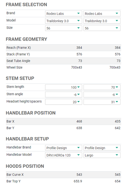 Frame Comparison screenshot with standard vs long-reach bar