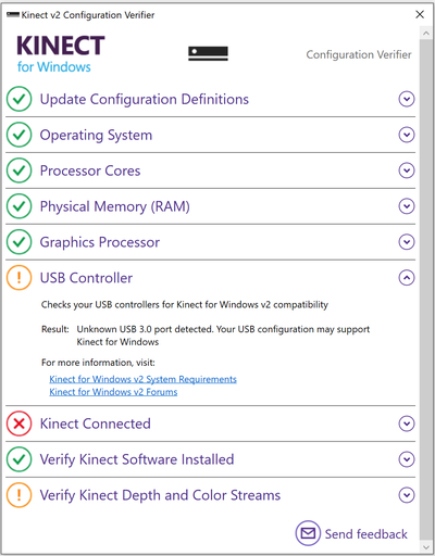 Verificador de configuração Kinect