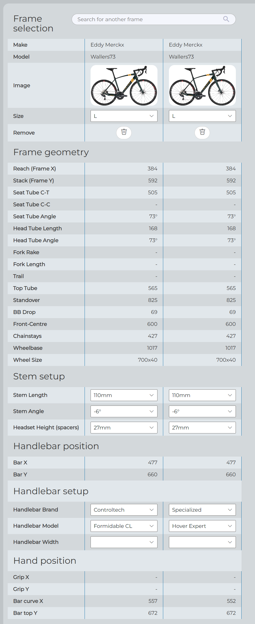 Frame Comparison screenshot showing selection of handlebars