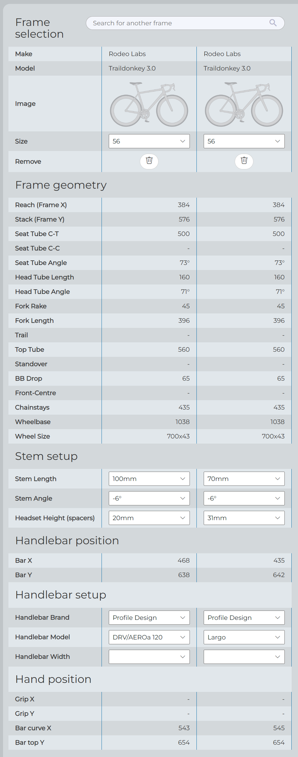 Frame Comparison screenshot with standard vs long-reach bar